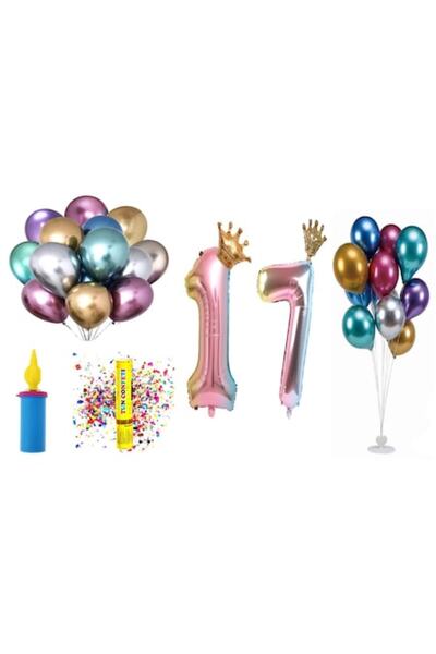 OEM Set baloane aniversare, 17 ani, model multicolor cu coroană, 60 buc