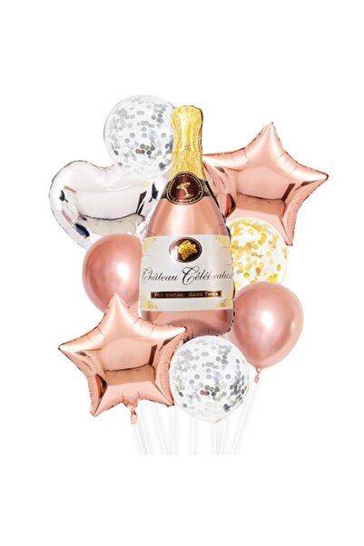 Danex Set de 9 baloane din folie metalică și latex (Danex) - Model sticlă de șampanie, roz și alb