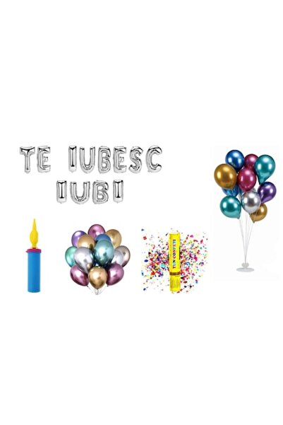 OEM Set of 73 Silver 'Te Iubesc' Foil Balloons with Cake Topper