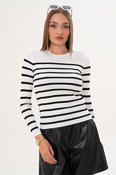 ŞİMAL Pulover pentru femei cu model în dungi și decolteu rotund 255098 -