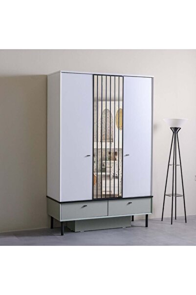 Danube Home خزانة ملابس بيترا بثلاثة أبواب ودرجين ومرآة - خشب هندسي أبيض ورمادي، 200.4×53×130 سم