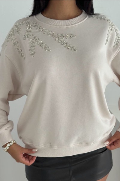 FEMELLE Bej Boncuk Ve Pul İşlemeli %100 Pamuk Sweatshirt