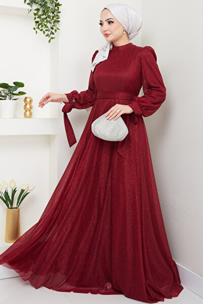 Feiza Collection Simli Tesettür Abiye Elbise Bordo