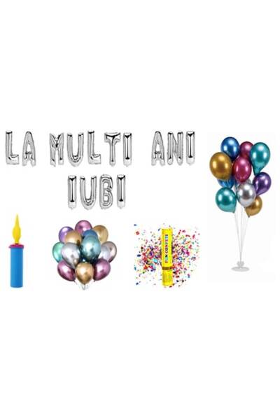 OEM Σετ μπαλόνια Happy Birthday Iubi, διακοσμητικό για τούρτα, 65 τεμάχια, ασημί