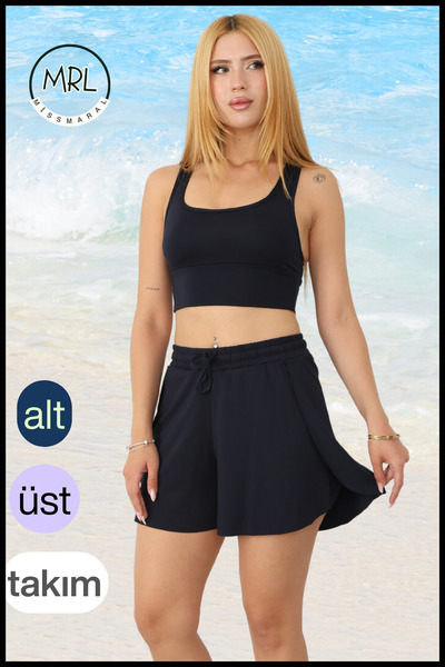 missmaral Women's Navy Blue 2-Layer Sports Swimsuit Shorts Set – Fixed Padded Top, Shorts with Pockets and Elastic Waistband