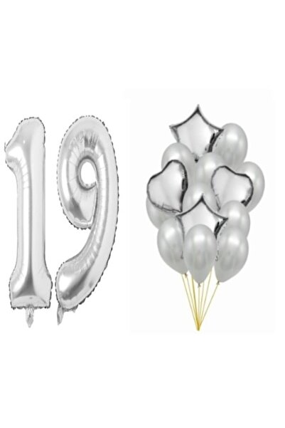 OEM Set de 16 baloane argintii: aniversare 19 ani, folie cifră 101 cm, stele ...