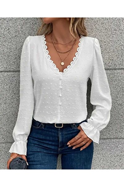 Kokosh moda Kadın V Yaka Uzun Kollu Düğme Detaylı Bluz