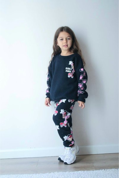 NURTOPU Girls' Tracksuit Set, Top and Bottom Set, 3-Thread Ribbed, Thick Winter Cotton Fabric Inside, 100% Cotton.