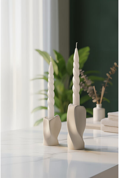 BEBÜTO Modern 2'li Beton Şamdan Mumluk Seti - Twist Form - Dekoratif Ev Hediyesi-6X13-6X9