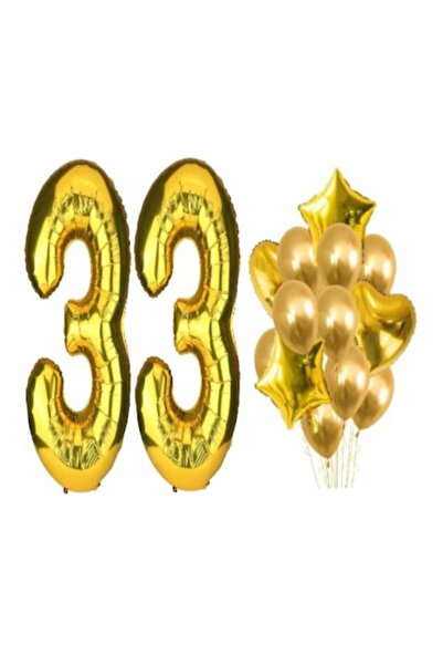 OEM Комплект от 16 златни балона, 33-та годишнина, номер 100 см, звезди 45 см...