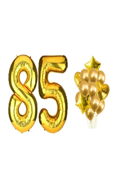OEM Set de 16 baloane aurii pentru aniversarea a 85 de ani – 100 cm cifră, 45 cm steluțe, 45 cm inimioare, 26 cm latură