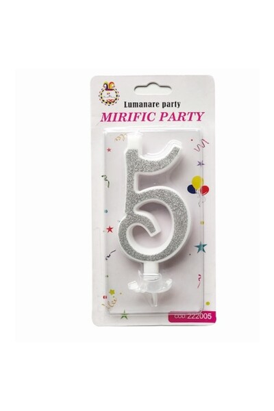 Balon Κερί για τούρτα γενεθλίων αριθμός 5, ασημί με γκλίτερ