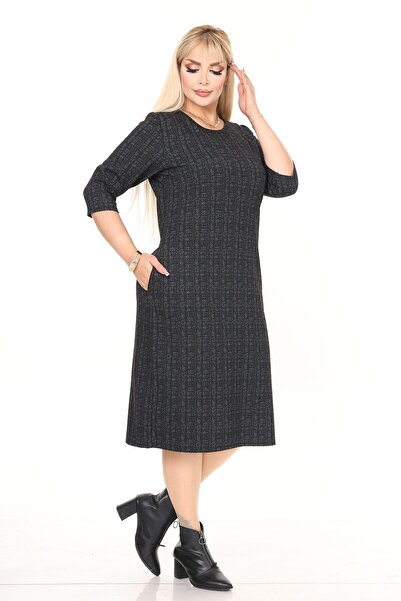 modayız Double Pocket Patterned Stretchy Winter Plus Size Midi Dress 11D-2718