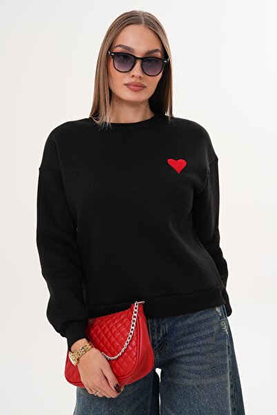 ŞİMAL Women's Heart Embroidered Three Thread Sweatshirt 255008 -