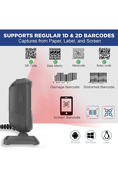 Newland FR4080 Desktop Scanner | 1D/2D Corded Barcode Scanner | USB Hands-Free QR Code Reader
