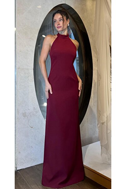 SpringStore Bordo Halter Yaka Abiye