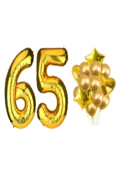 OEM Set de 16 baloane aurii, aniversare 65 de ani, număr 98 cm, steluțe 45 cm...