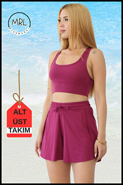 missmaral Kadın Mürdüm İki Katmanlı Spor Mayo Takım – Sabit Pedli Üst, Cepli Beli Lastikli Şort