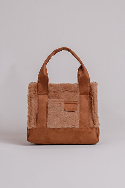 CANTACOMBINE Kadın Peluş Çapraz Askılı Mini Tote Çanta Taba