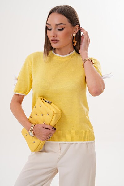 ŞİMAL Pulover tricotat pentru femei, cu detaliu de fundă pe mânecă, cu mâneci scurte, 255180 -