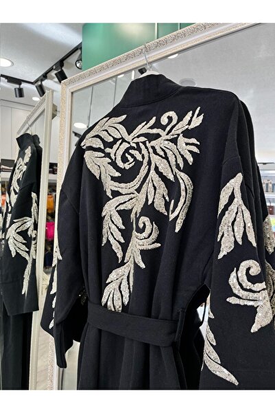 MERAM BUTİK Dna Embroidered Kimono Cotton Gabardine - Black - (Size 40-46 Compatible)