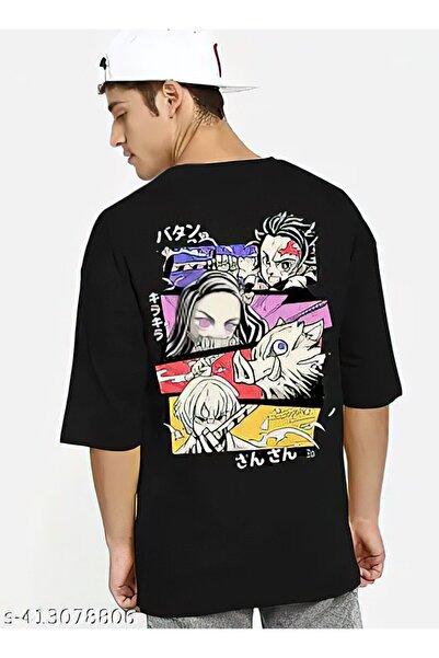 FG KONNİCHİWA Demon Slayer Anime Printed Unisex Black Tshirt