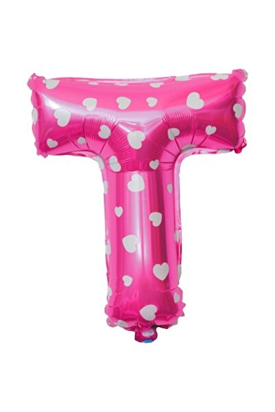 Danex Balon folie metalică Litera T, 40 cm, roz cu inimioare (include pai)