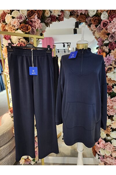 Kayra Bottom - Top Set with Zipper Detail, Dark Blue for Women