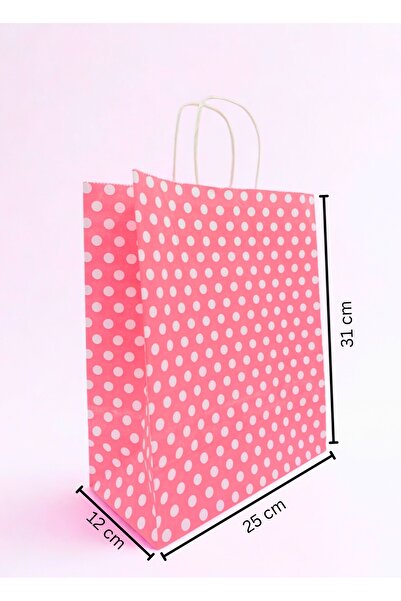 Smartbox Pembe Puantiyeli Burgu Saplı Kraft Kağıt Çanta 25x31x12cm - Hediye ve Alışveriş Çantası(20'li paket)