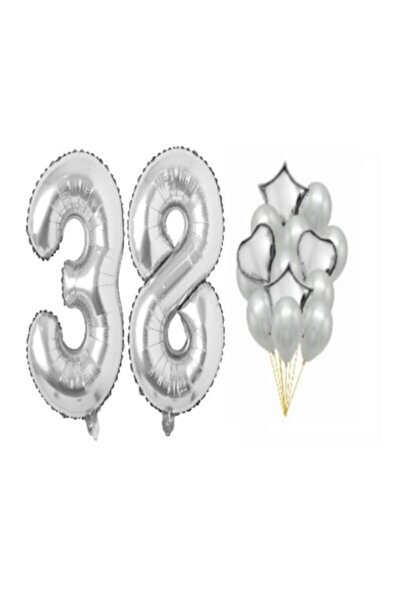 OEM Set of 16 silver balloons, anniversary 38 years, number 98 cm, stars 45 c...