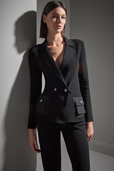 JOIN US Ribli Kumaş Cep Detaylı Siyah Triko Ceket