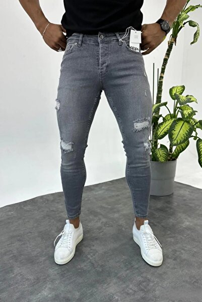 MADZEYMODA Чоловічі джинси Slim Fit сірого кольору з розрізами та еластичною стрічкою KE-293