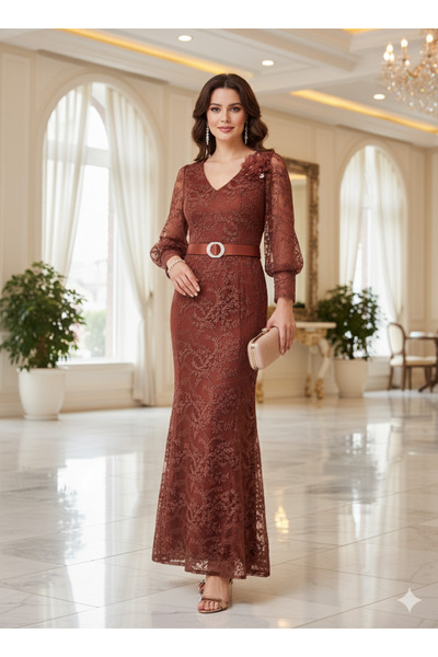 Robes Büyük Beden V Yaka Dantelli Elbise Uzun Tül Detaylı Özel Gün Nişan Kına Abiye Elbisesi-654