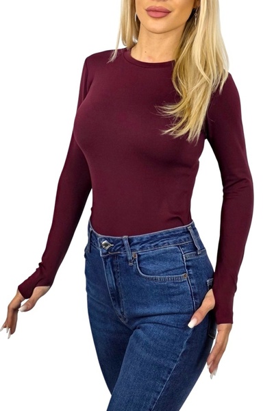 FashionForYou BASIC midi blouse, with round collar and finger slit, Burgundy