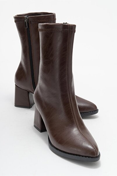 CCWAY AYAKKABI حذاء بكعب نسائي بسحّاب وخياطة بسيطة من الجلد البني