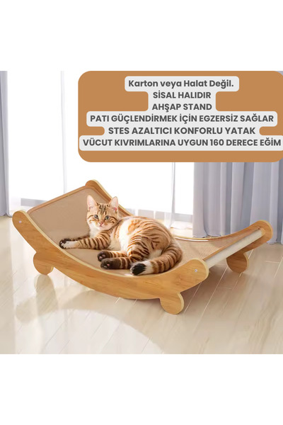 Jeina Doğal Sisal Kedi Yatağı - Sisal Halı Tırmalama Kolay Montaj Ahşap Yatak