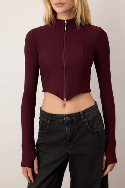 Trendyol Collection Burgundy Ottoman Zippered Stand Collar Flexible Bodycon Knitted Blouse Twoaw26Bz00307