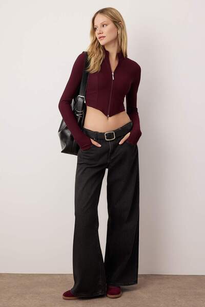 Trendyol Collection Burgundy Ottoman Zippered Stand Collar Flexible Bodycon Knitted Blouse Twoaw26Bz00307