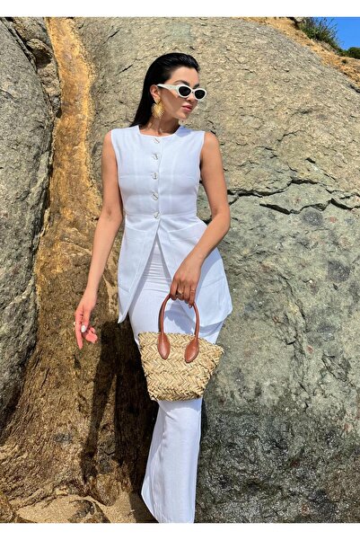 Laluvia Λευκό 100% βαμβακερό Σετ Μολύβι, Φούστα και Γιλέκο - Σκίσιμο