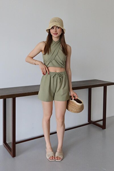 Laluvia Khakifarbener Martina Neckholder-Bustier-Shorts-Anzug