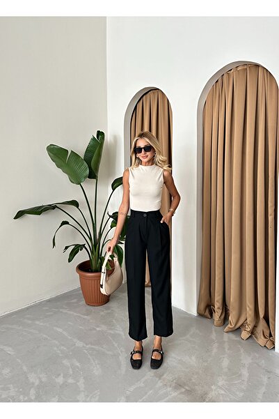 Laluvia Antracitové kalhoty z polyvisconové tkaniny s mrkvovým střihem