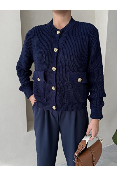 Laluvia Navy Blue Belle Rose Buttoned Cardigan