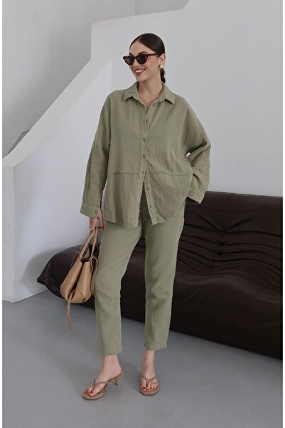 Laluvia Khaki 100% Linen Shirt Pants Set
