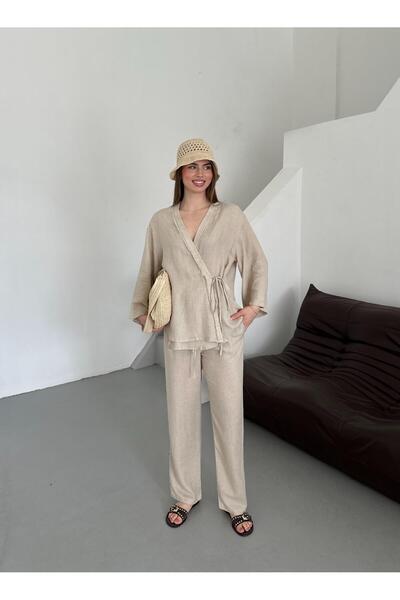 Laluvia Natural Detailed Side Tie Linen Fabric Kimono Set