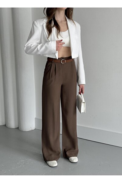 Laluvia Καφέ παντελόνι με διπλή πλισέ ζώνη