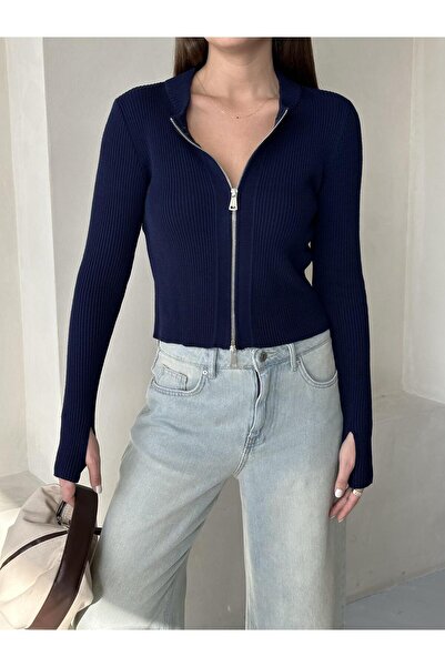 Laluvia Sötétkék dupla cipzáras, kézzel kötött, részletezett, állítható kardigán