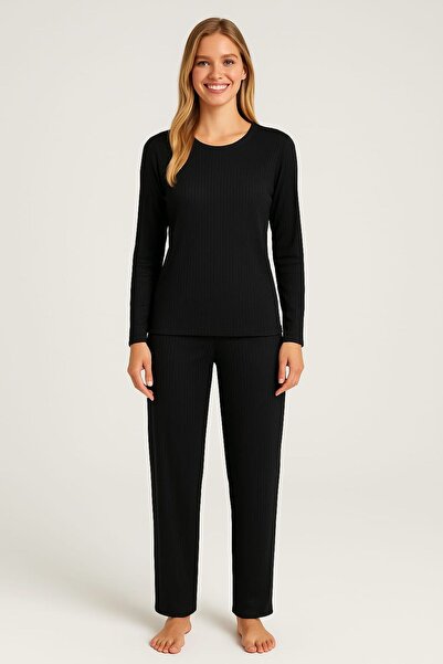 enmodaiçgiyim Black Striped Women's Pajama Set – Long Sleeve, Comfortable Fit, Soft Fabric, Stretchy