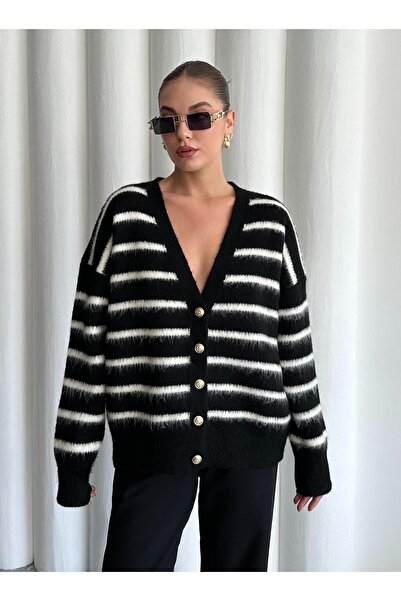 Laluvia Černo-ecru měkký kardigan s příčnými pruhy