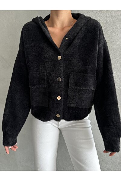 Laluvia Black Pulpy Hooded Buttoned Cardigan with Pockets