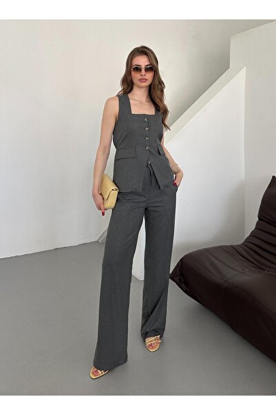 Laluvia Anthracite Square Neck Vest Pants Set